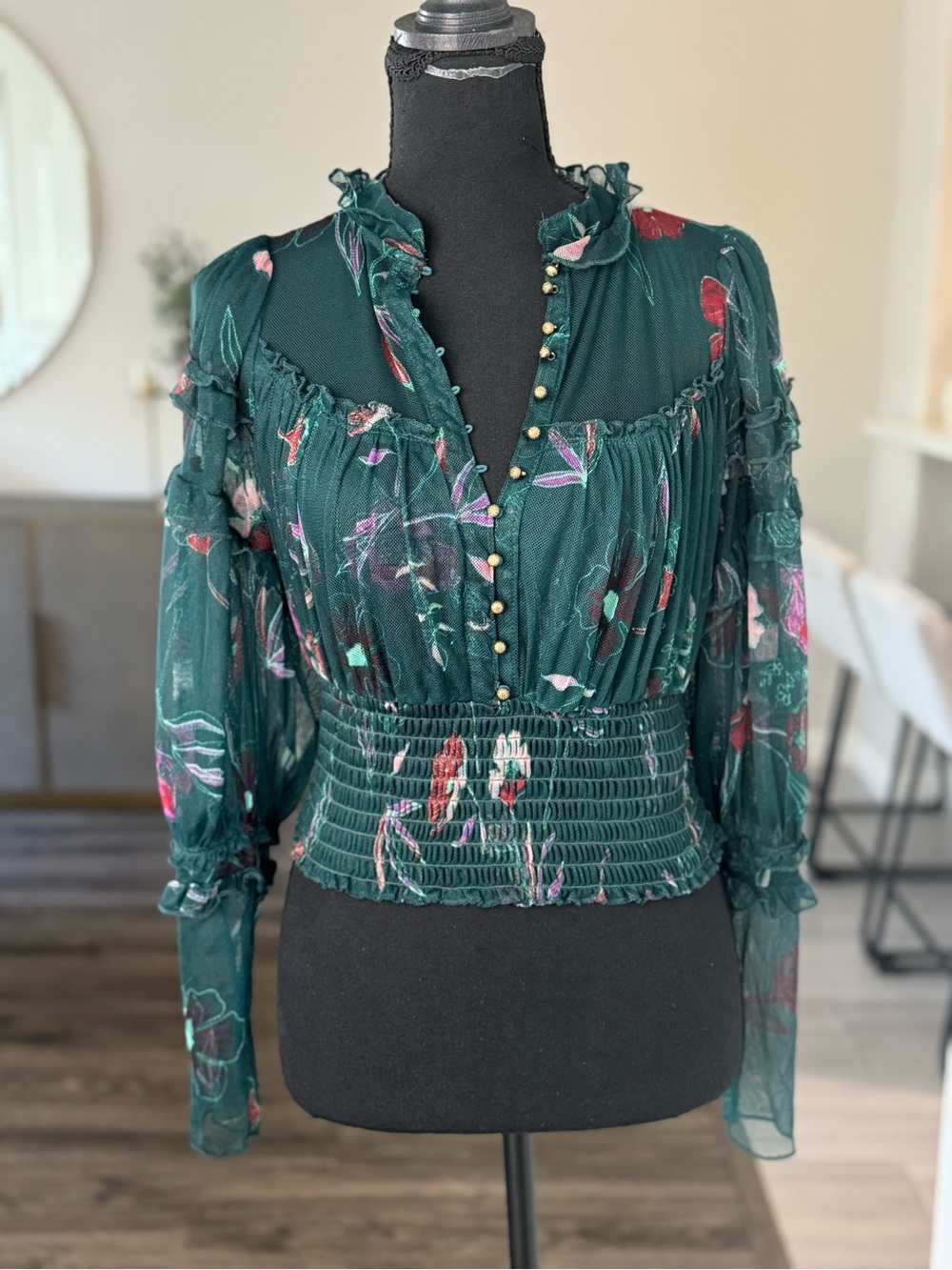 Free People Green Floral Sheer Ruffle Blouse Size S